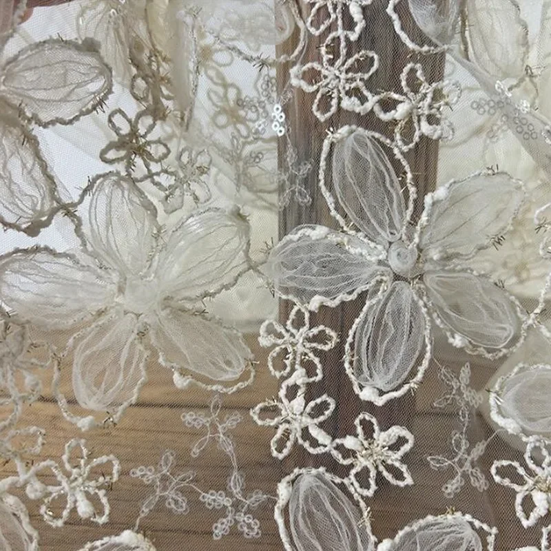 50x150cm Embroidery Sequin Fabric Three-Dimensional Lace Mesh Cloth DIY Wedding Dress Bridal Lace Fabric Clothing Supplies