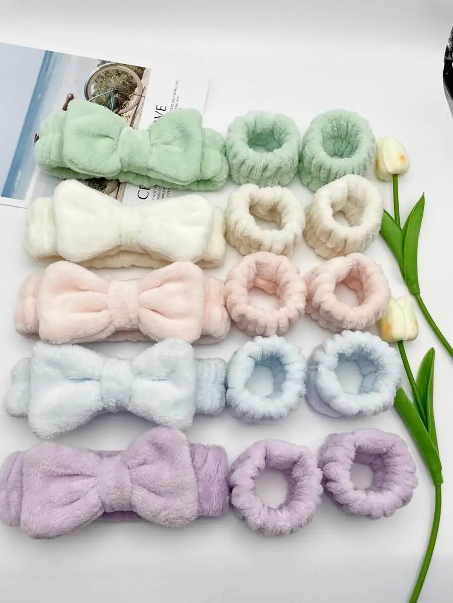 

15pcs Soft Plush Bow Headband And Wristband Set For Women Bath Hair Accessories