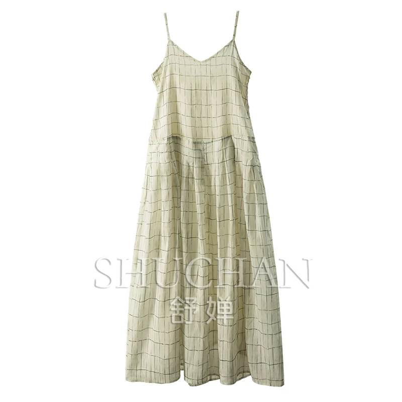 

100% Ramie, West Class Designer Plaid Dirty Dyeing 2M + Pendulum Suspender Dress Women 1Y22