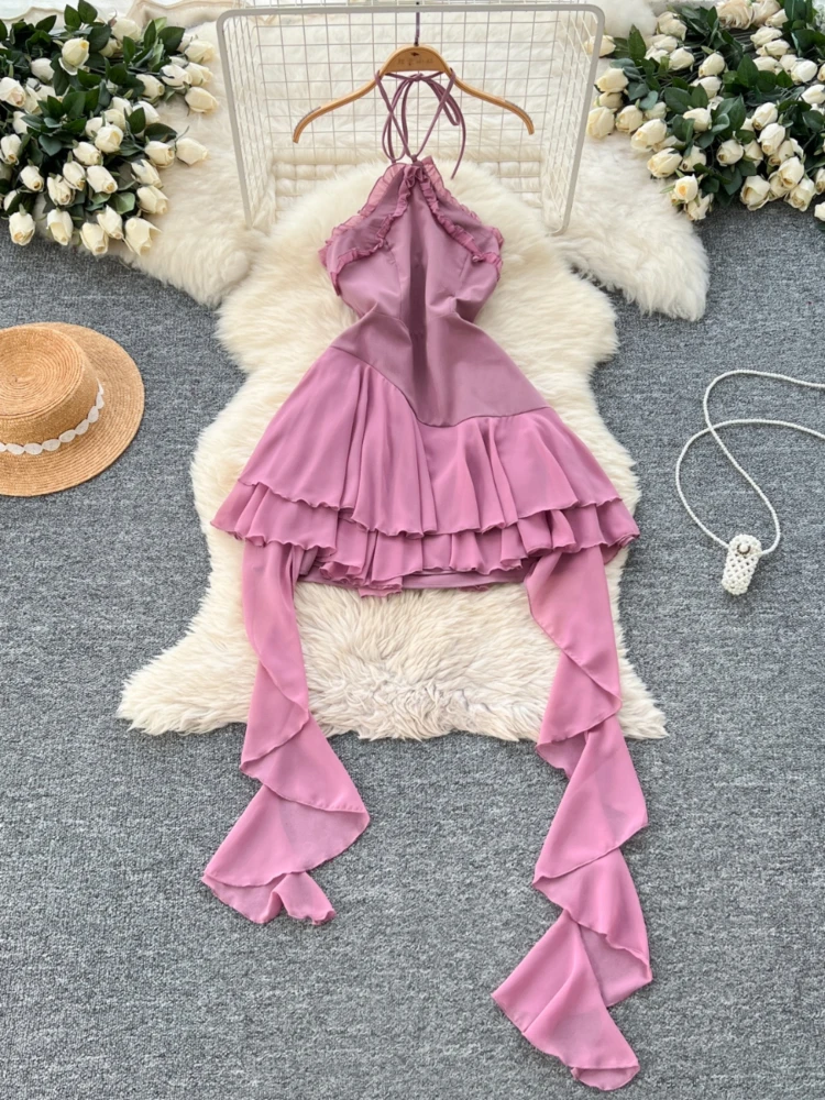 

Women Party Dress French Style Hanging Neck Irregular Ruffle Ribbon Short Desses Ladies Backless Evening Dresses Vestidos