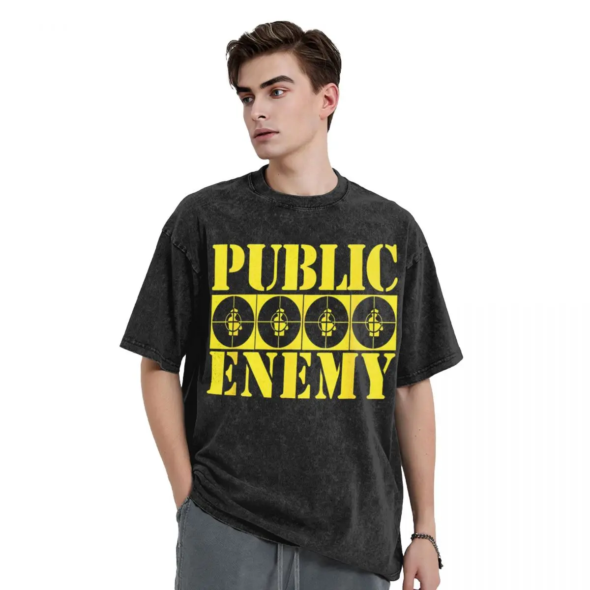 Public Enemy Music Washed T Shirt Streetwear Hip Hop Retro T-Shirts Rock Rap Tees Tops Men Women Short Sleeve High Street Summer