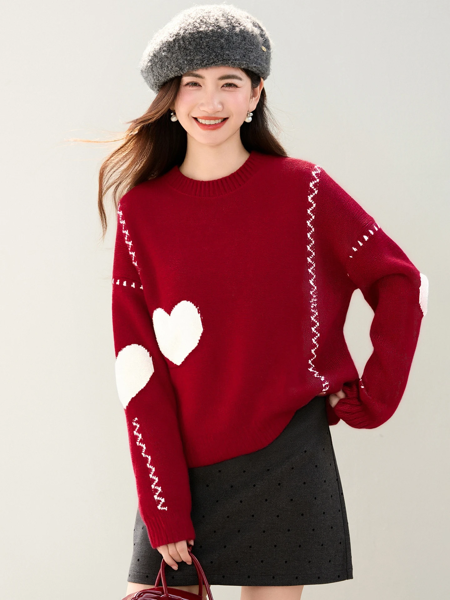

Autumn and Winter Casual Loose New Korean Style Red Knitted Sweater Soft Women Patchwork Cold Style Clothing F519
