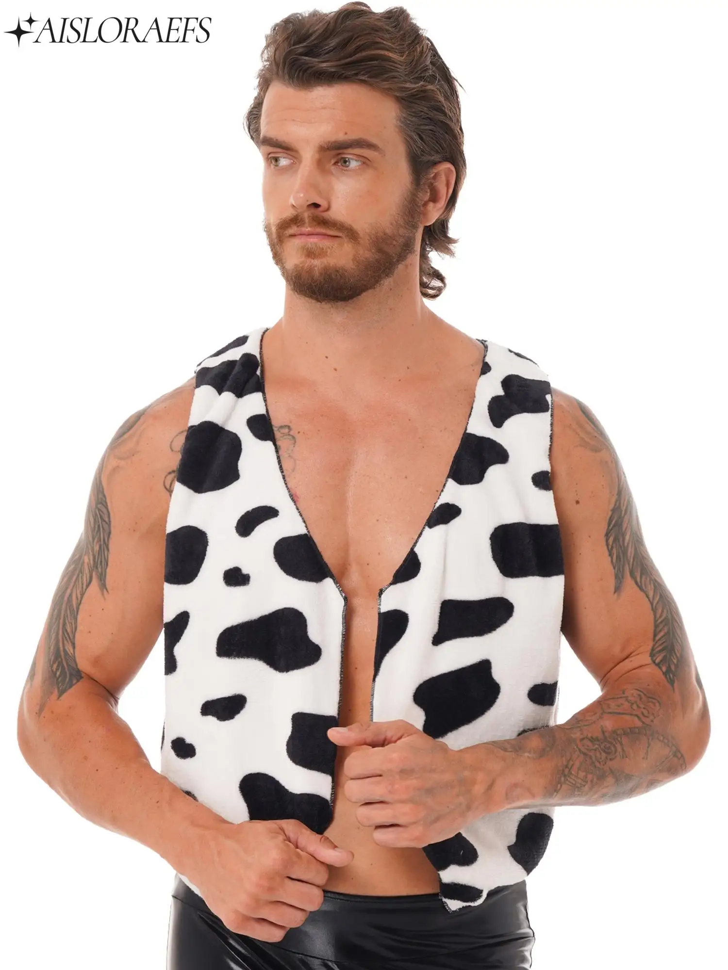 

Mens Cow Print Cosplay Vest Festival Halloween Costume Sleeveless Open Front Flannel Short Waistcoat Vintage Hippie Costume Vest