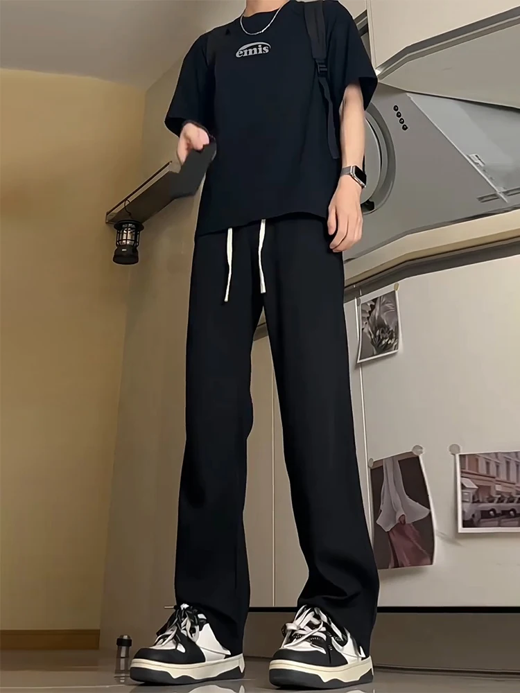 

American Sle Thin Ice Silk Denim Jeans for Men Summer Qui Dry High Waist Dstring Wide Leg Pants Youth Faion