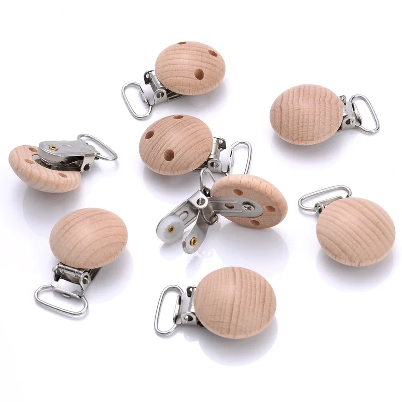 

Natural Beech 10Pcs Wooden Pacifier Chain Dummy Holder Clips 30mm Round Wood Pacifier Clip Food Grade Baby Teether Chew Toys
