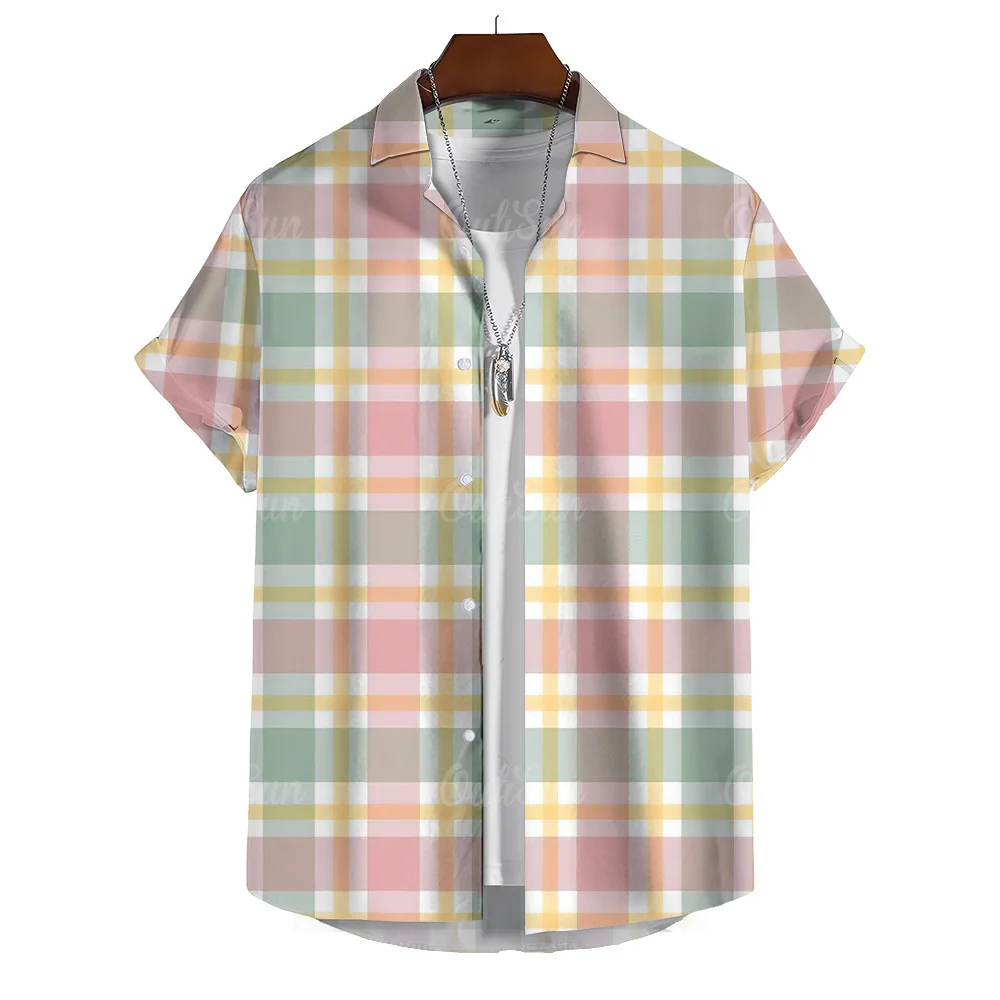 Checkered Striped Print Shirts For Men Summer Casual Men's Shirt Beach Vacation Style Hawaiian Short Sleeve Shirt Oversized Tops