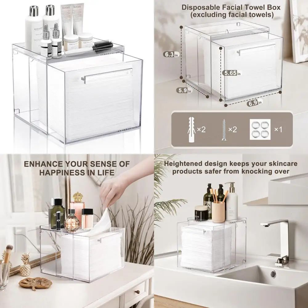 صندوق تخزين أكريليك مثبت على الحائط لمناشف الوجه للاستعمال مرة واحدة مقاس XL - منظم المكياج