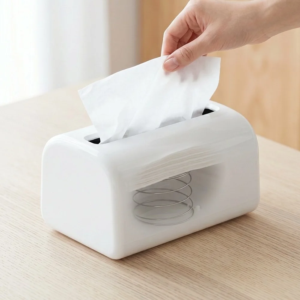 2 Pcs White Spring Loaded Paper Box Holder Modern Minimalist ABS Desktop Organizer For Home Office Storage