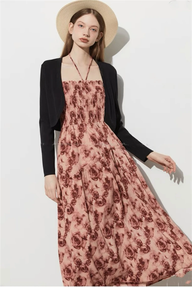 Bloemenprint Verstoorde Halter Lange Jurk 2023 Zomer Nieuwe Slanke Mouwloze Patry Strand Stijl Spaghetti Jurk Vrouwen Vestidos