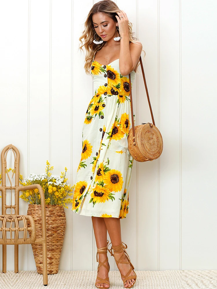 Lossky Women Summer Sunflower Dress Sexy Strapless Dress Midi Button Backless Floral Sundress Beach Female 2024 Women Clothes