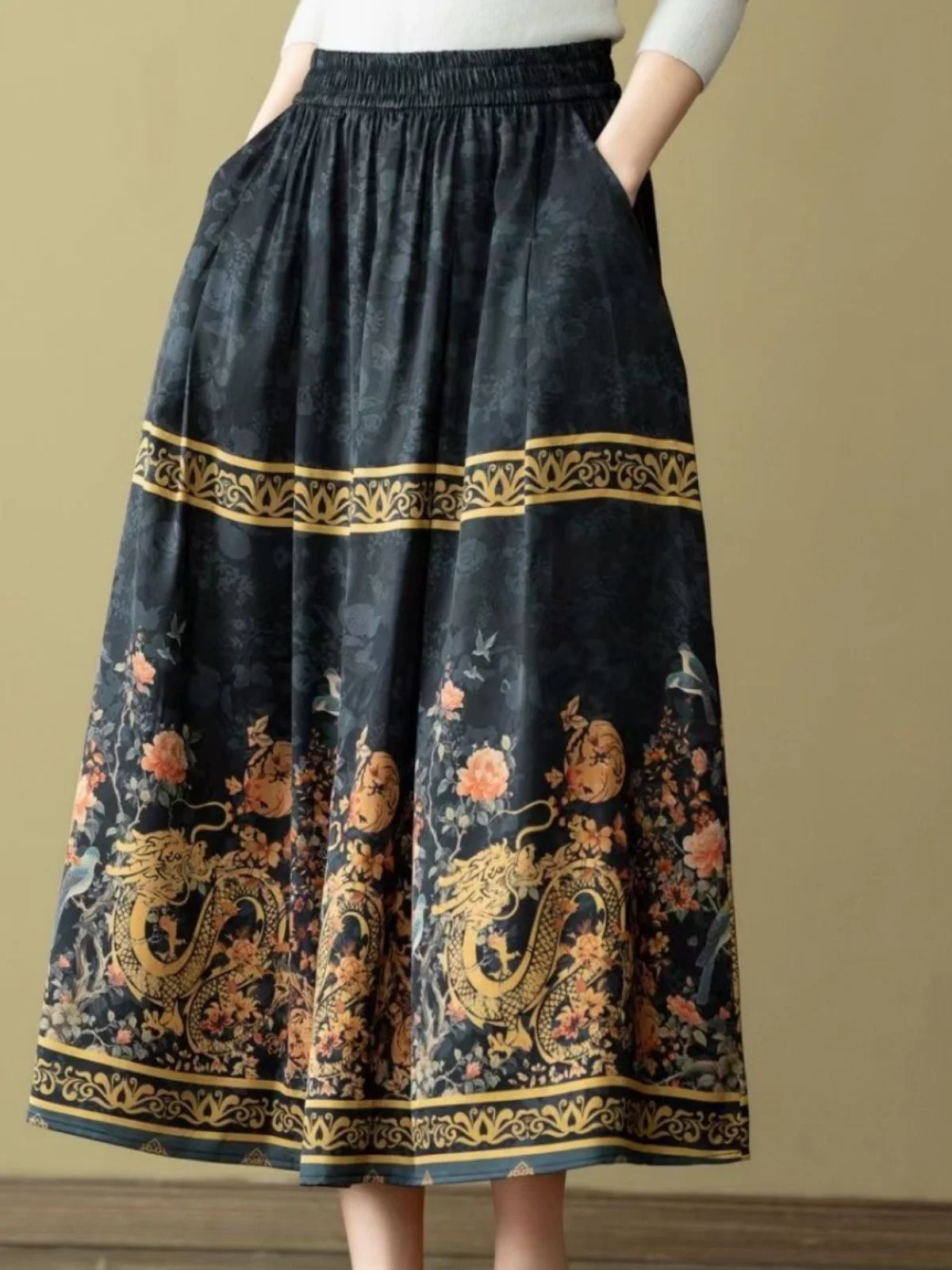 엘리 프린트 미디 스커트 중국 스타일 하이웨이스트 폴리에스터 원단 여성 패션 여름 신상 루즈핏 미디길이