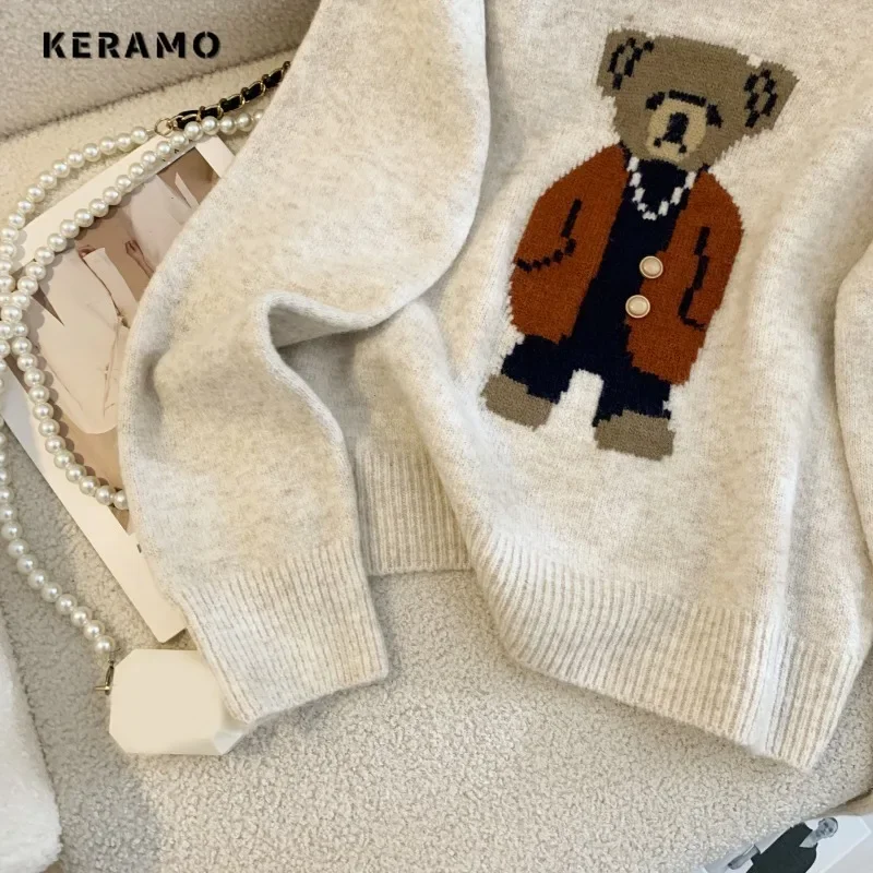 Sweet Casual Knitting Long Sleeve Y2K Pullovers 2024 Winter Korean Fashion Women Cartoon Appliques Jumpers O-Neck Ladies Sweater