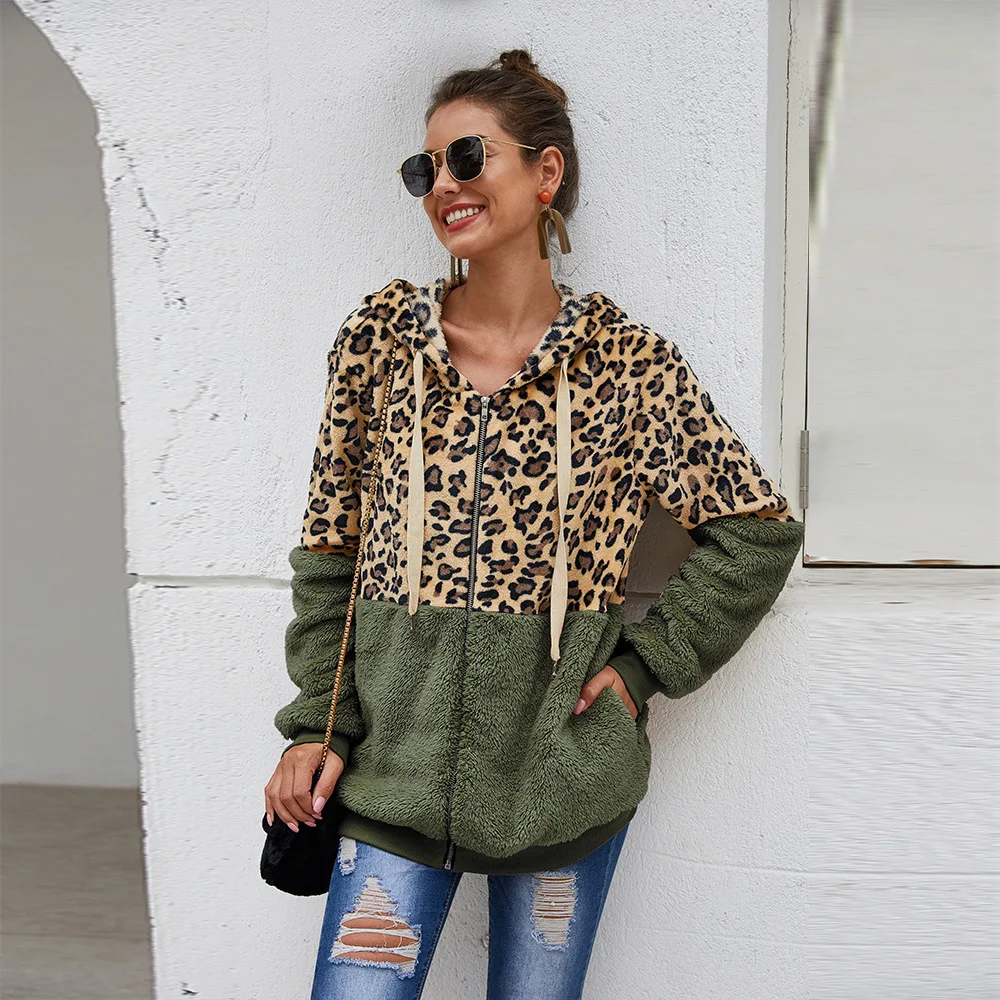 Autumn Winter Sweatshirts Women Hooded Leopard Hoodies Casual Zipper Long Sleeve Hoodie Fashion Top Warm Coat Polerones Mujer