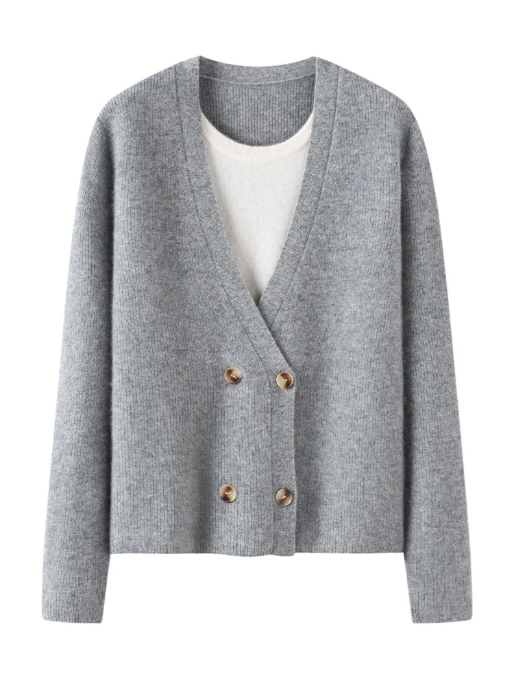 

TLOML Autumn Winter Women's 100% Cashmere Sweater O-neck Fake Two Pieces Stacked Together Cashmere Sweater Soft Warm Casual Tops