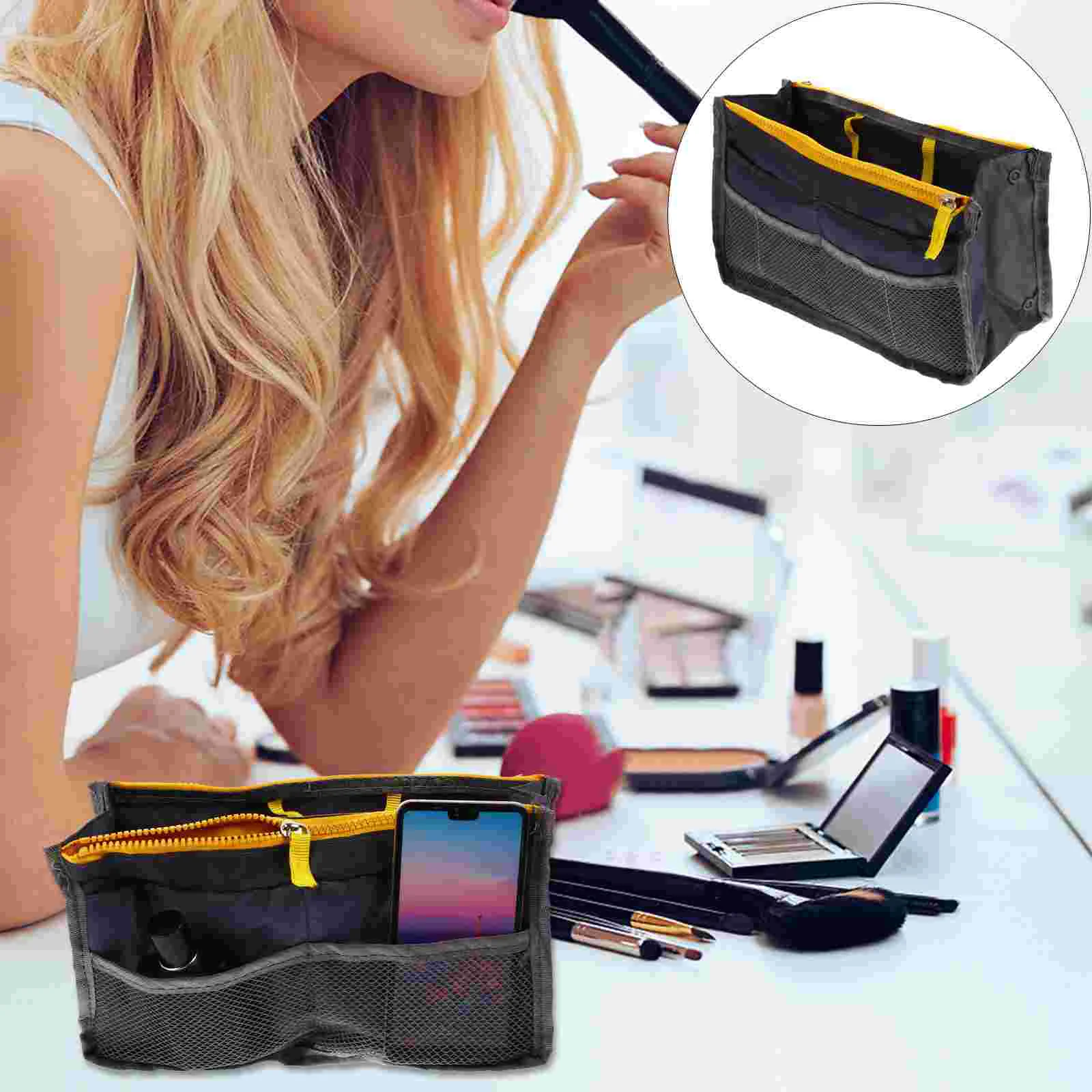 Makeup Organizer Bag Handbag Liner Cosmetics Storage Multi-layer Multipurpose Multiple Pockets Outdoor Travel Grey Nylon