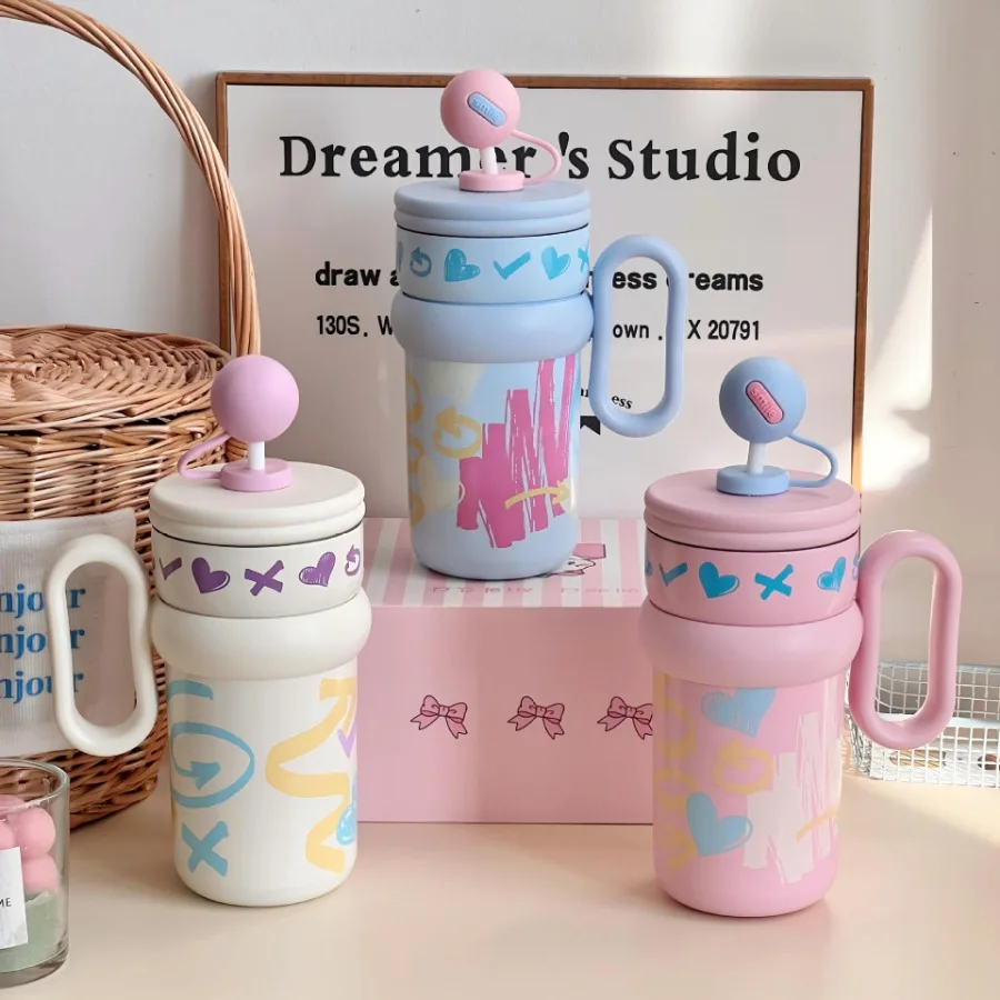 

Women's high-color desktop stainless steel insulation cup large capacity cute graffiti printing straw jumbo water glass
