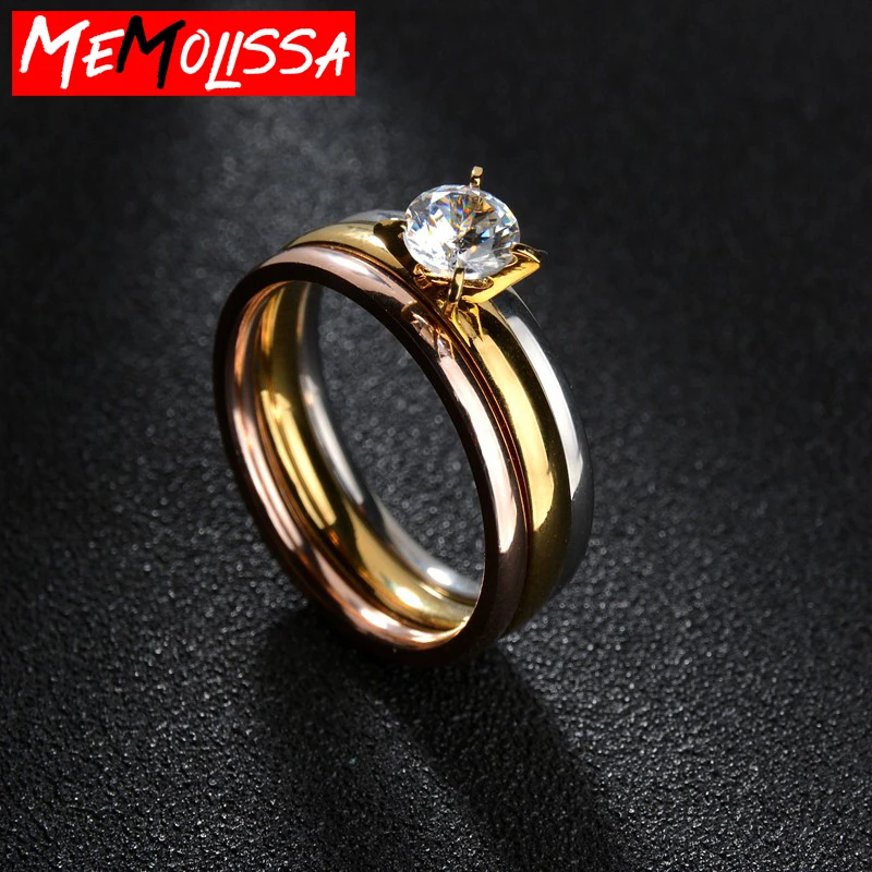 Crystal Rhinestones Rose Gold Ring Set Stainless Steel Women's Rings Wedding Anniversary Gift Party Dress Jewellry