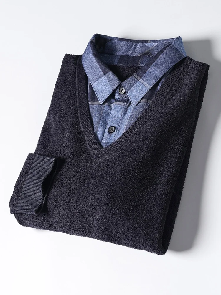 

Классический мужской вязаный свитер с двойным воротником, повседневный, комфортный, весенне-осенний, деловой повседневный стиль, с длинным рукавом, полиэстер