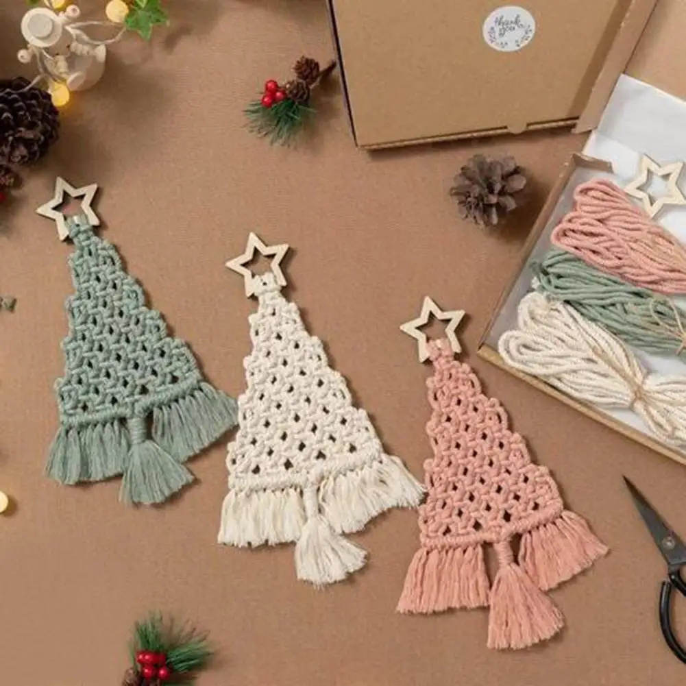 DIY Christmas Tree Macrame Kit Cotton Rope Braiding Set Hand Knitting Boho Christmas Tassel Decor Kit for Beginners