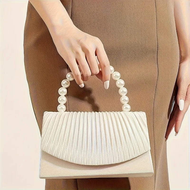 

Elegant Pleated Crossbody Bag, Luxurious and Fashionable Handbag, Versatile Pearl Handle Striped Design Shoulder Bags