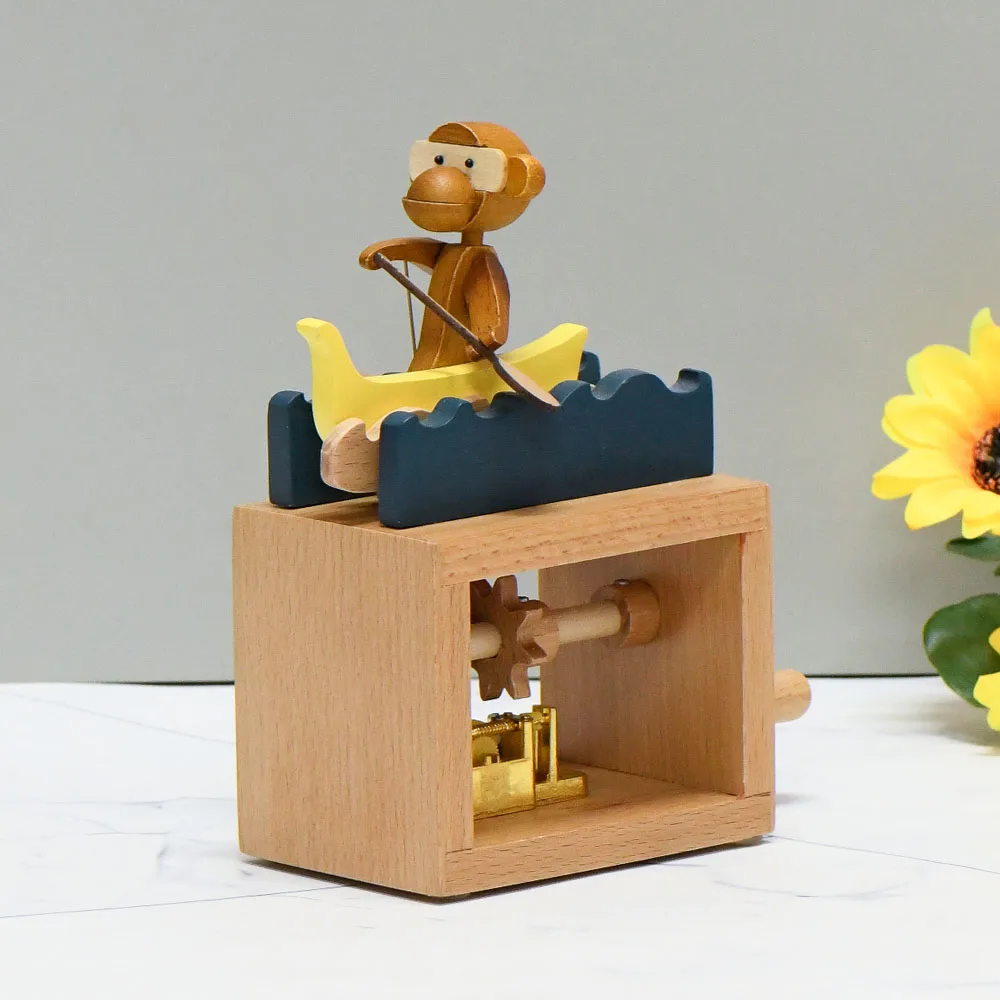 

Monkey Boat 16.3cm Wooden Hand Cranked 18 Note Music Box For Home Decor