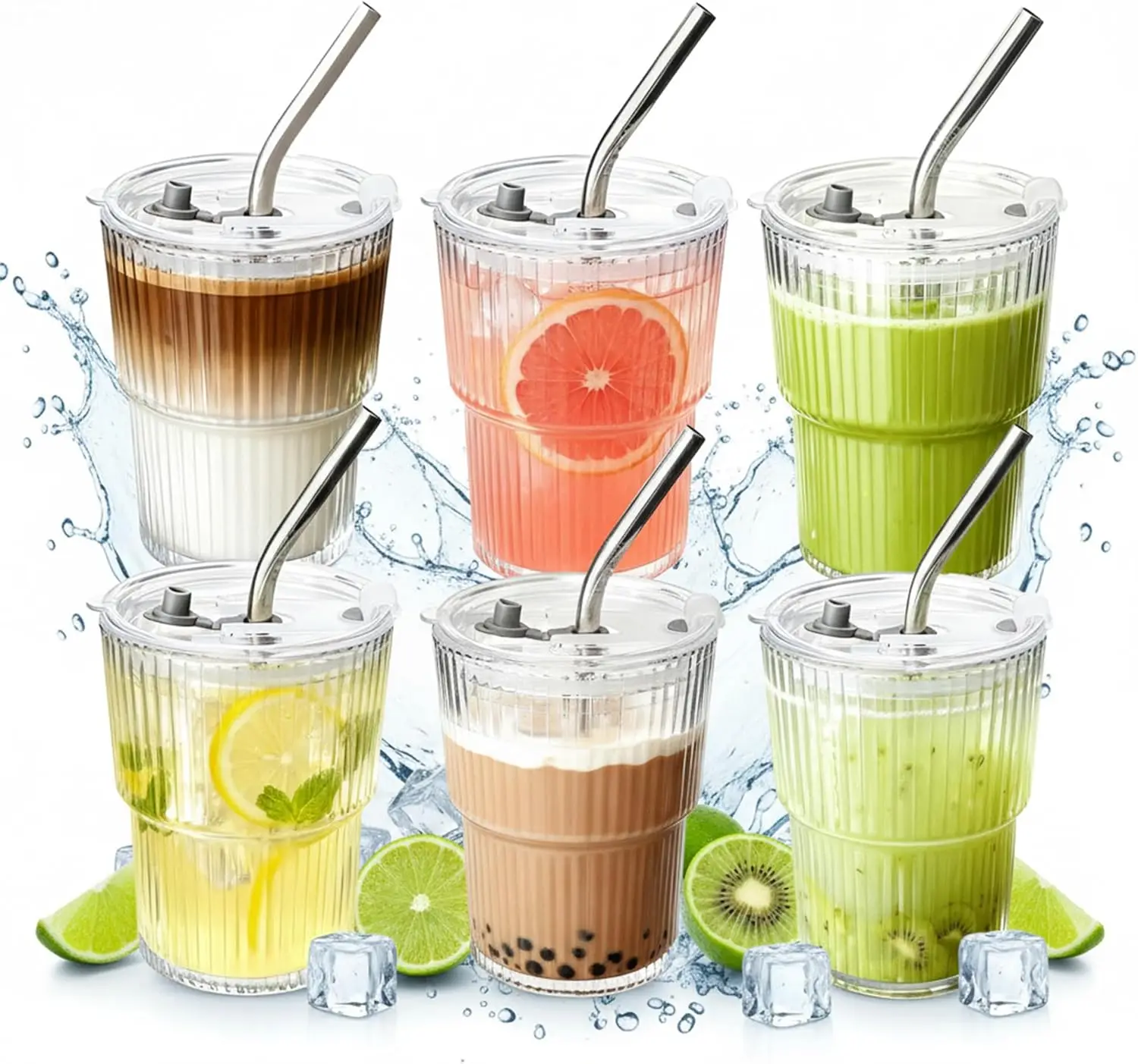 

Набор из 6 ребристых стеклянных стаканов с крышкой и стаканов для холодного кофе – идея подарка сотрудникам на Рождество