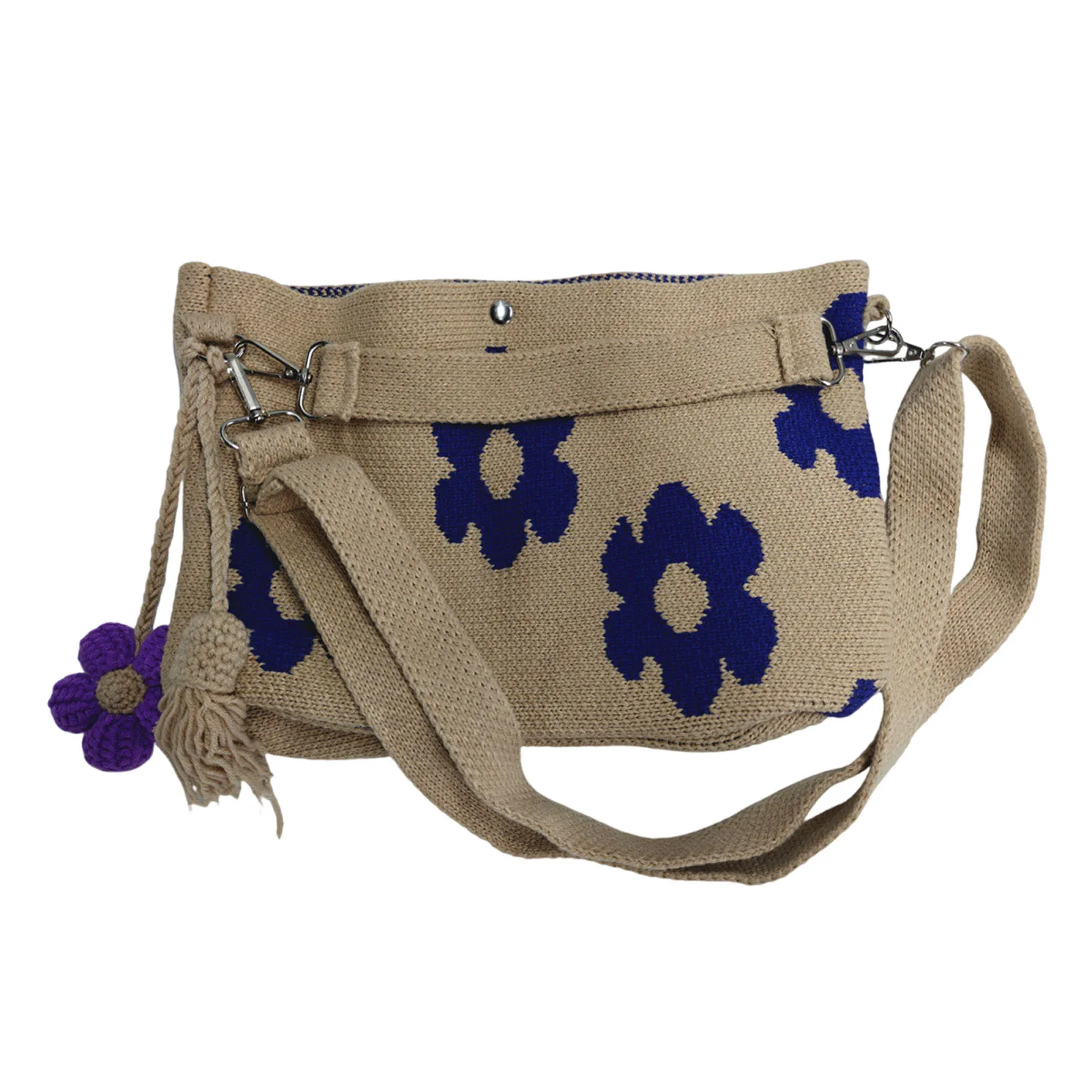 Boho Beach Handbag Lightweight Crossbody Shoulder Bag with Flower Tassel Needlepoint Barrel Drawstring Purse for Women Vacation view 6