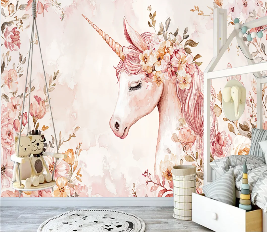 Custom wallpaper beautiful Pink Tree Cartoon Unicorn Flower Rainbow mural  TV background wall animal tree mural 3d wallpaper