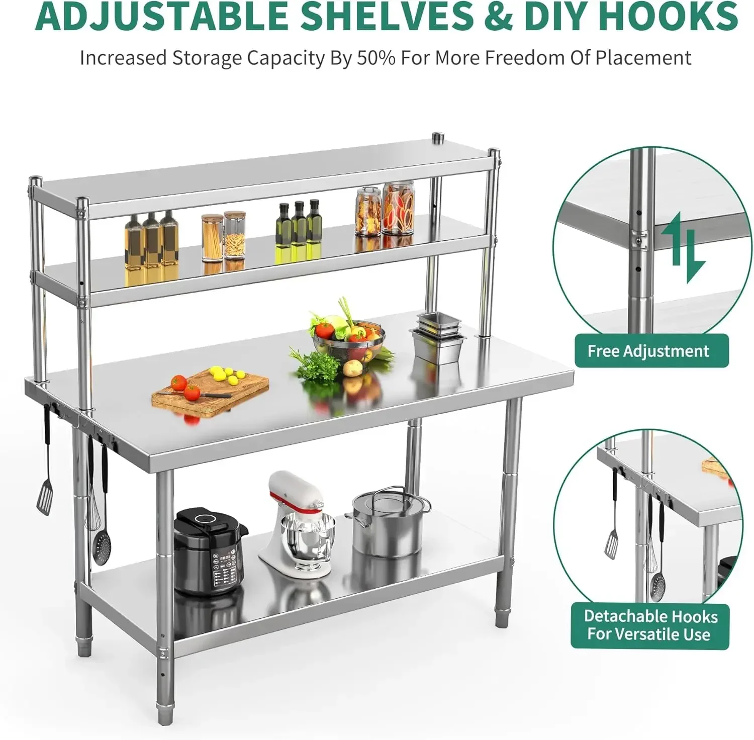 NSF Stainless Steel Table with Overshelves, 48" X 24" Work with 48" X 12" Shelf, Metal Prep for Home Kitchen R