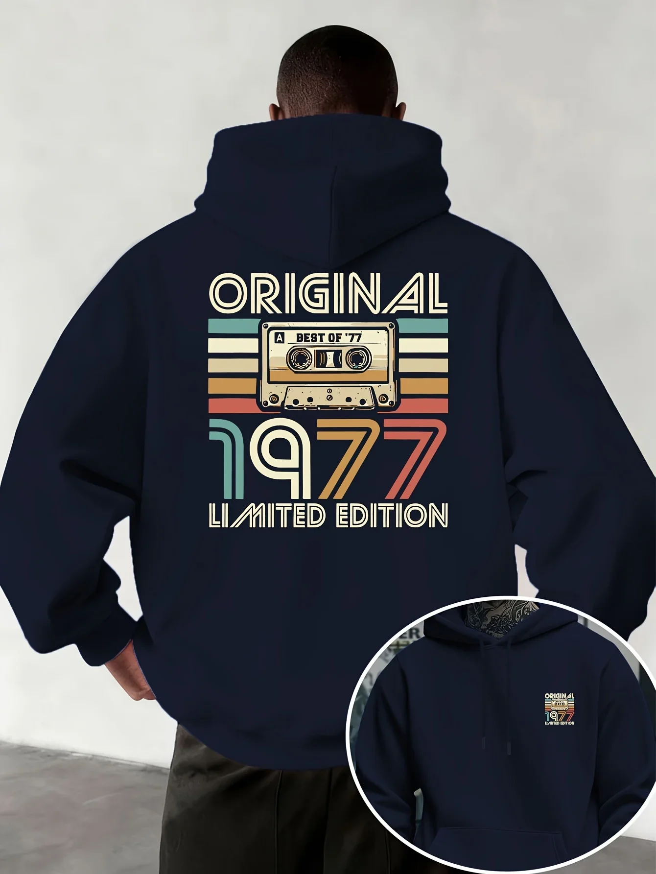 Men's 1977 Retro Hoodie Cassette Tape Music Print Original Vintage Oversized Pullover Sweatshirt Fall Winter Trendy Casual Top