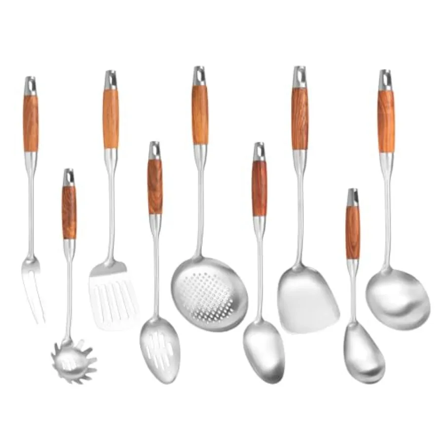 Juego de utensilios de cocina de acero inoxidable con mango de madera para cocinar, 9 piezas, con cuchara sólida y ranurada, tenedor, espátula, cuchara para sopas y espumadera