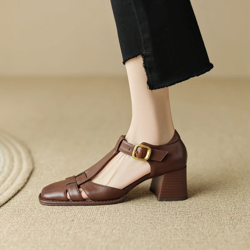 2023 New Fashion Classics Genuine Leather Sandals Woman Thick High Heels Sandals Office Ladies Dress Summer Shoes Heels Women