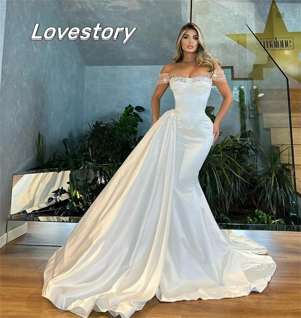 

Pearls Mermaid Wedding Dresses With Detachable Train Sweetheart Satin Bride Robes Side Split Boho Bridal Gowns Vestidos De Noiva