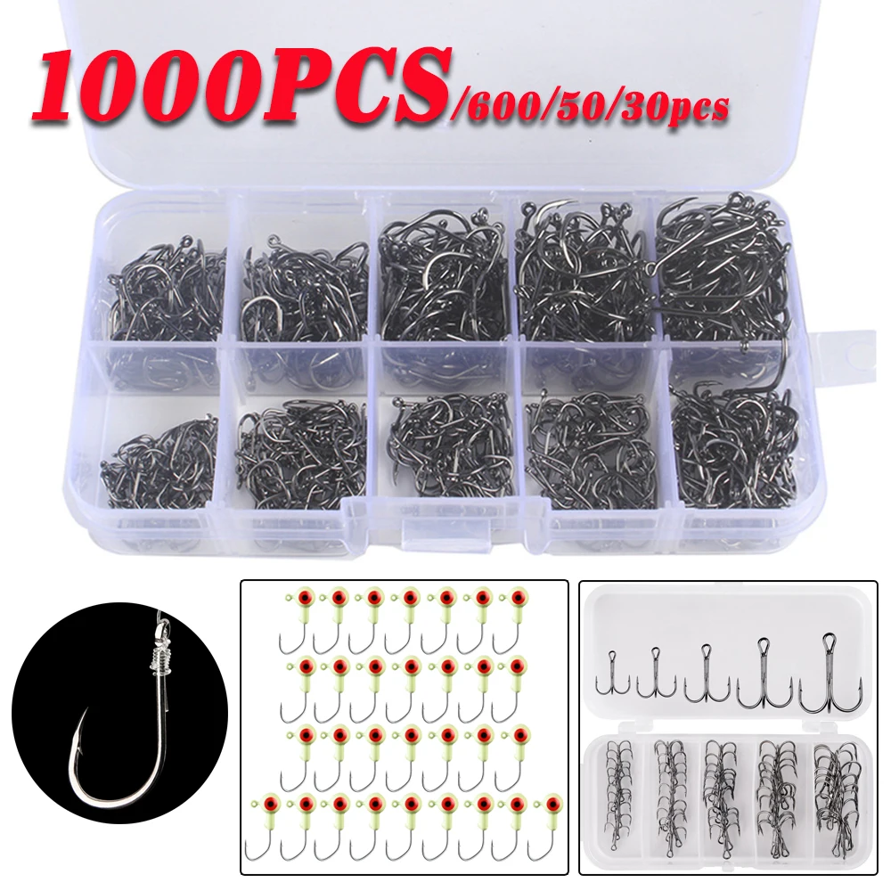 600/1000pcs Fishing Hooks Set with BoxHigh Carbon Steel Sharp Barbed Fishhook Rock Gear Tackle Accessories Fishing Equipment