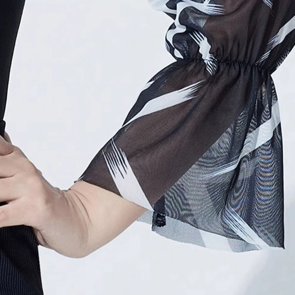 Langärmliges Oberteil für Damen, bedrucktes Hemd, lateinamerikanischer Tanz, V-Ausschnitt, Samba, gerüschter Ball, schwarzes Übungs-Bühnenhemd