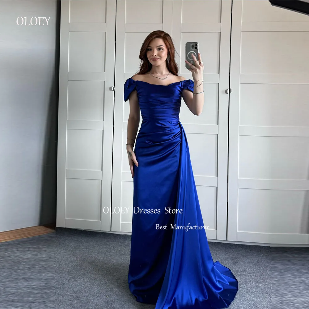 OLOEY Royal Blue Satin Evening Dresses Arabic Women Off Shoulder Satin Pleats Long Prom Gowns Formal Occasion Party Dress