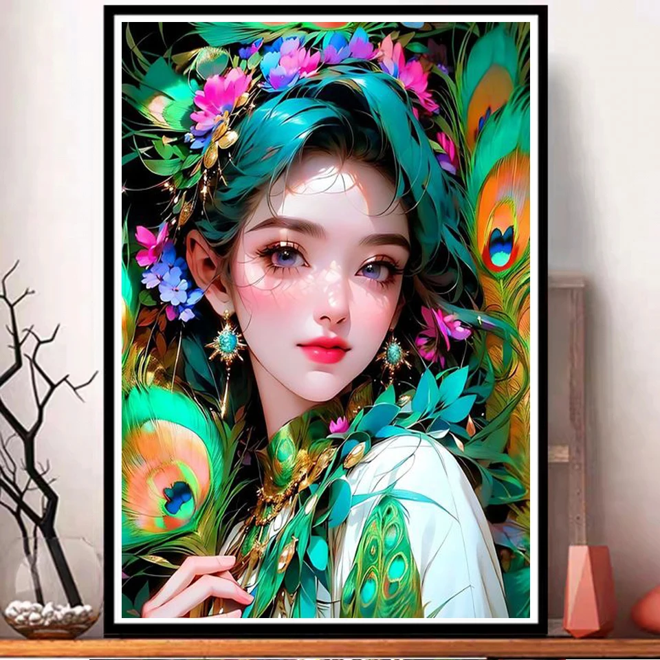 5D Diy Diamond Painting New Arrivals Green Peacock Girl Diy Full Mosaic Embroidery Rhinestone Beautiful Woman Flower V448