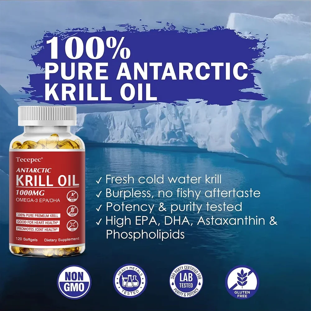 Antarctic Krill Oil 1000 Mg, Omega-3 EPA, DHA, Natural Astaxanthin, Maximum Strength for Heart & Joint Health, 120 Capsules