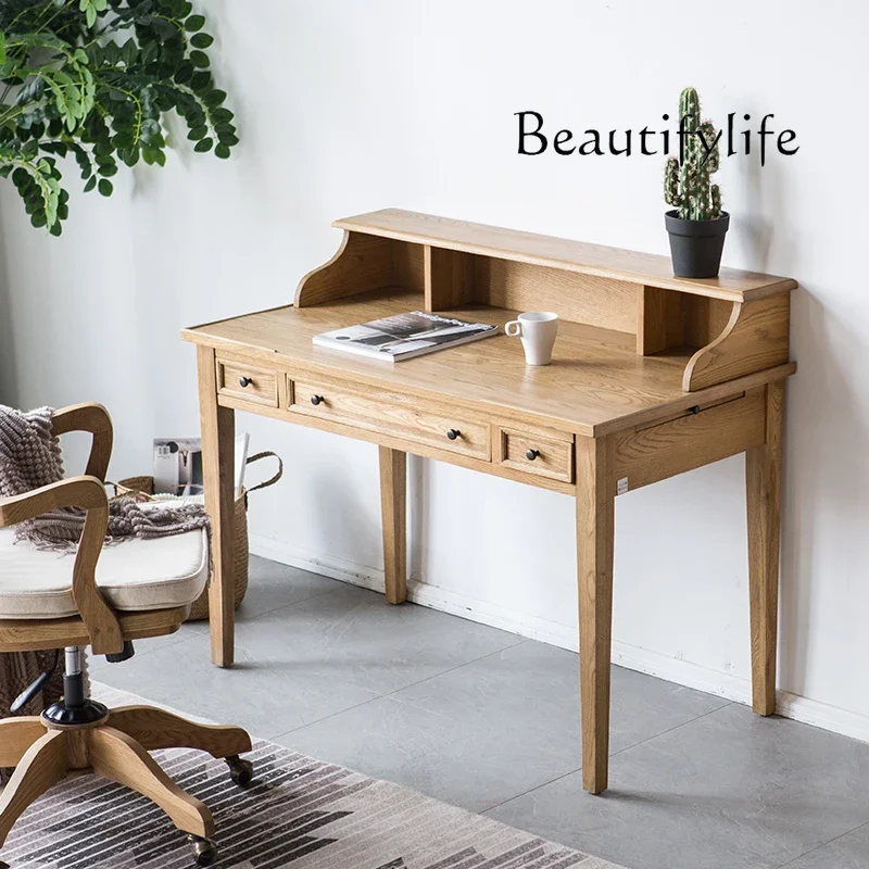 BJ American Oak Solid Wood Desk Home Retro Old Computer Desk Bookshelf With Drawer Desk Room Decoration