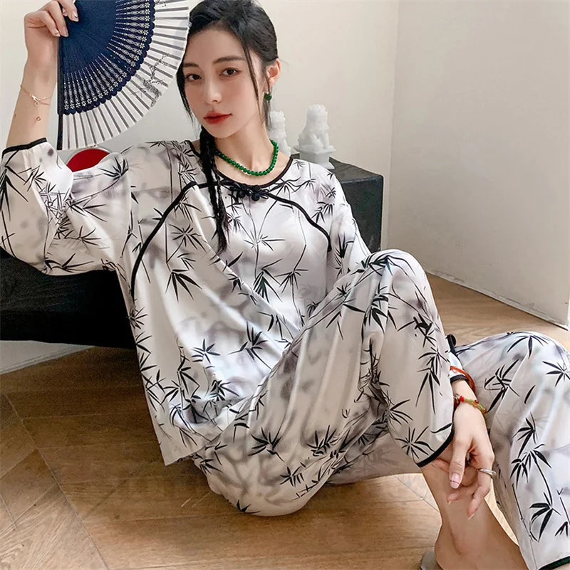New Chinese Style Classic Elegant Trouser Pijamas Suits Chiffon Satin Pajamas Sleepwear Spring Summer Print Home Wear Loungewear