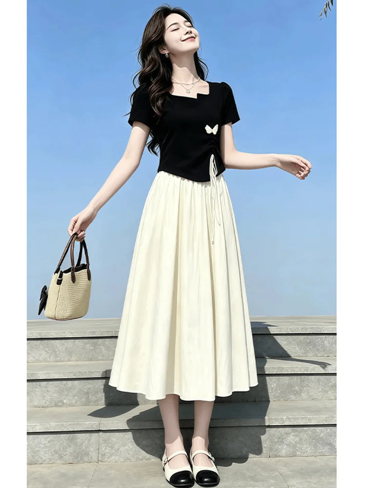 

Fashionable Short Sleeve T-Shirt And High Waist Skirt Set Women's Casual Wear Breathable Polyester Fabric round Neck Design