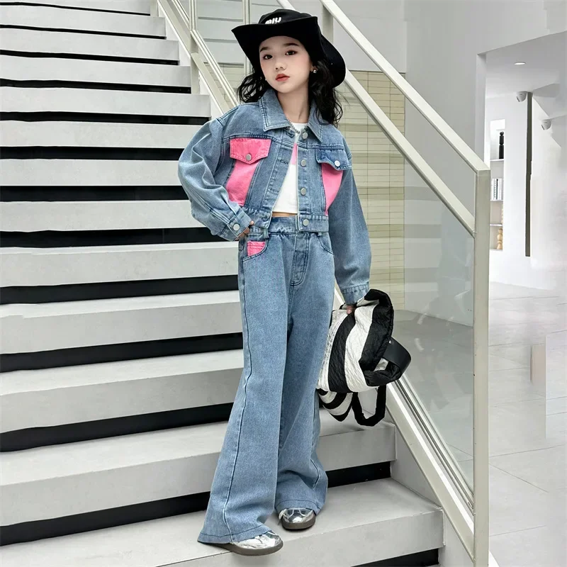 Girls' Spring Dress Colored Denim Set 2024 New Fashionable Wide Leg Pants Two Piece Set Trendy