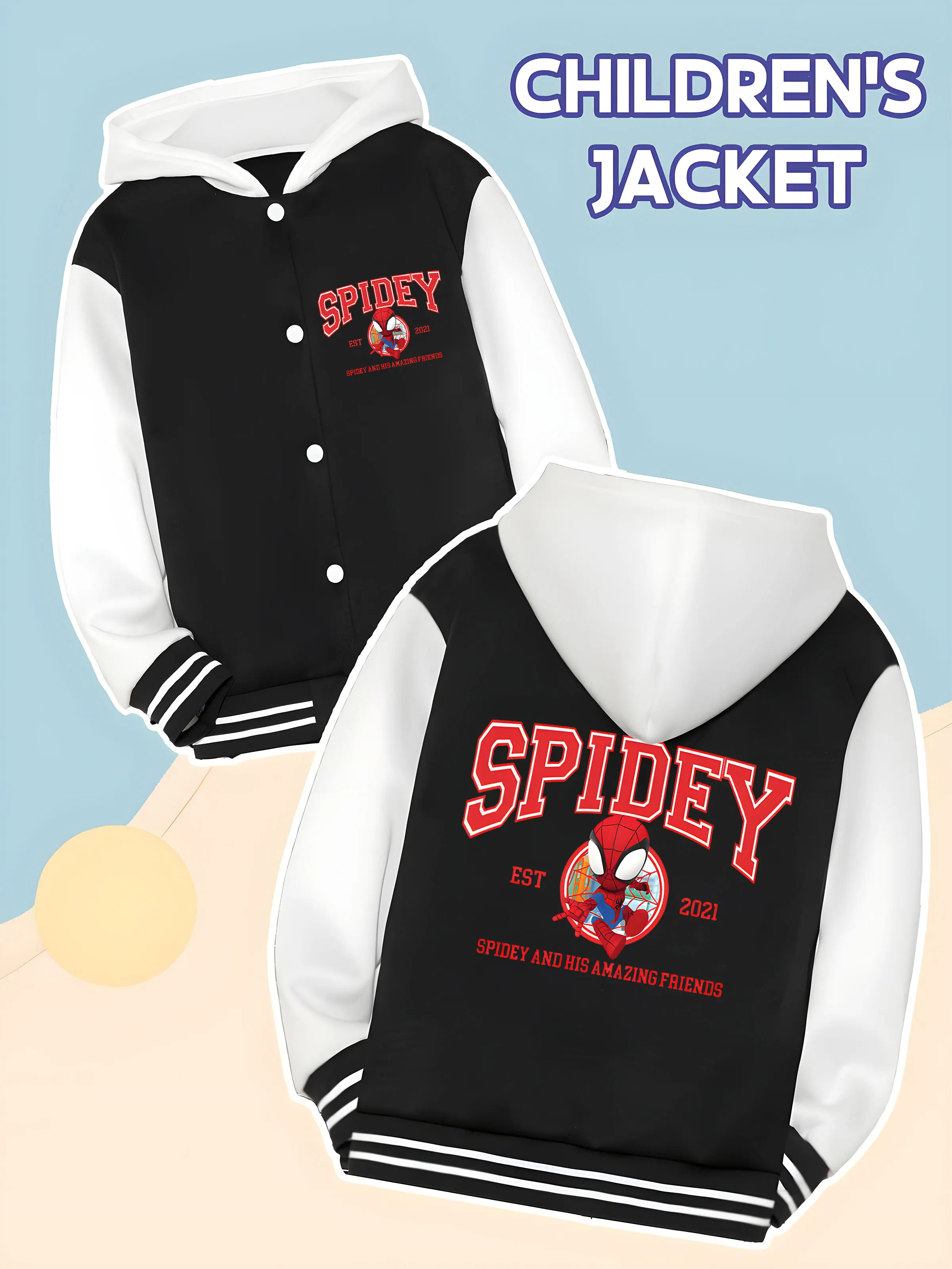 

MINISO Marvel Spider-Man College Style Boys' Baseball Jacket - Spider-Man "SPIDEY" college style print, double-sided showing you