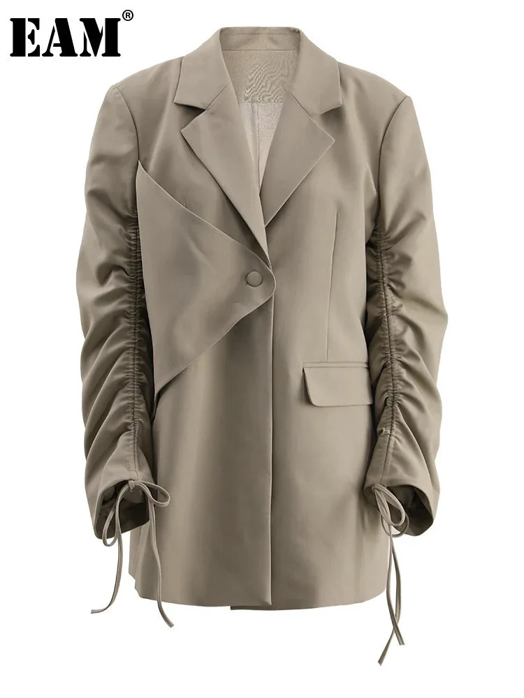 [EAM] Women Khaki Drawstring Big Size Elegant Blazer New Lapel Long Sleeve Jacket Fashion Tide Spring Autumn 2024 CPDB152