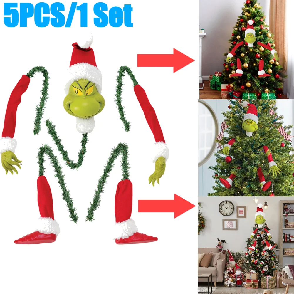 

5PCS Arm Leg Head Ornaments Holder Grinch Stole Stuffed Stuck Topper Garland Ornament Xmas for Xmas Party for Christmas Tree