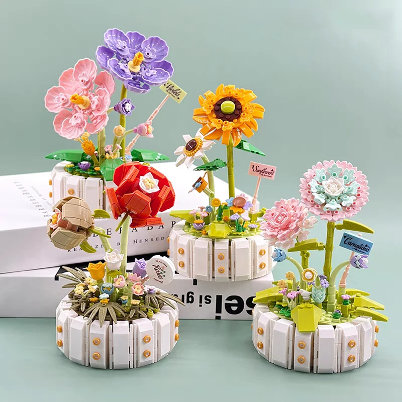 Violet Potting Building Blocks Assembled Rose Sunflower Eternal Flower 3D Model Carnation Figure Mini Bricks Toys For Santa Gift