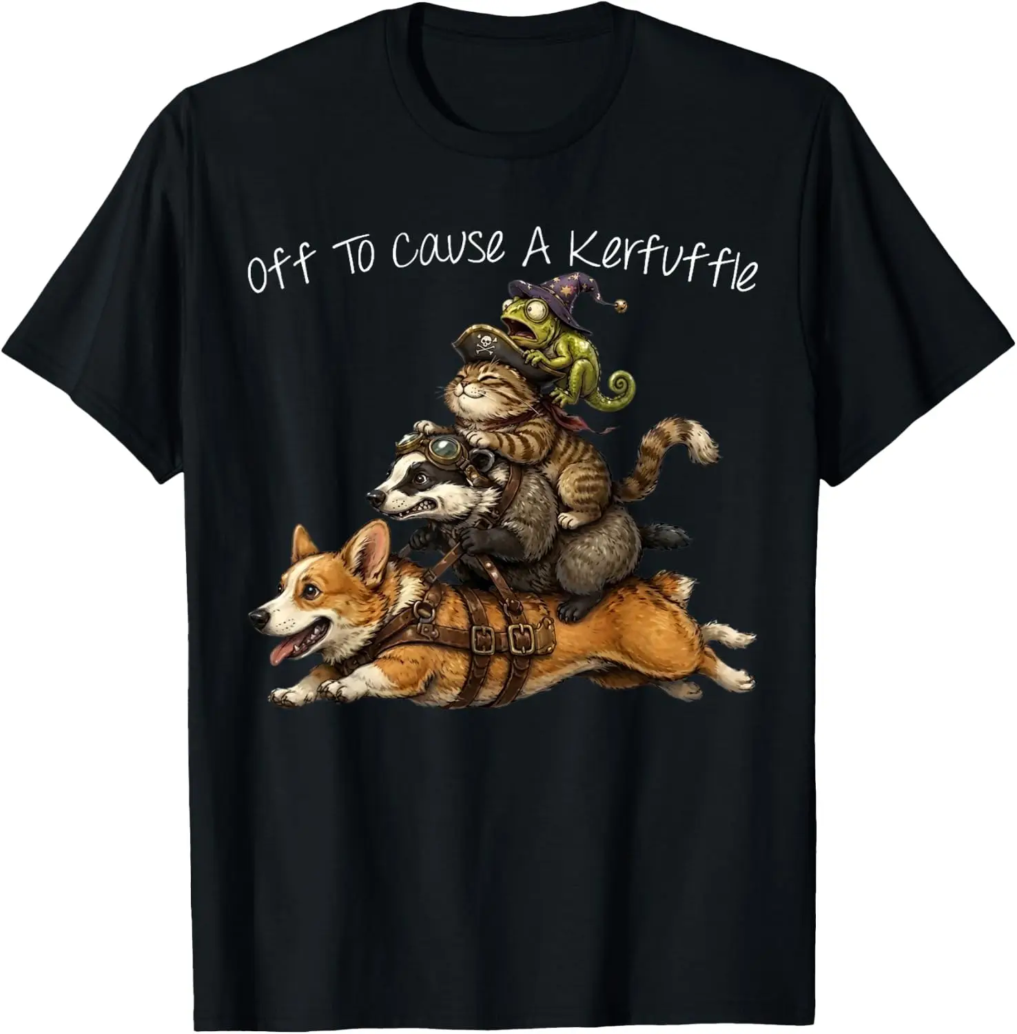 Off To Cause A Kerfuffle Chameleon Cat Badger Riding Corgi T-Shirt 100% Cotton Trendy Y2K Short-Sleeve Tee – Soft, Quick-Drying, All Occasion Casual  Suitable For Concert Party Hanging Out Sightseeing Trip