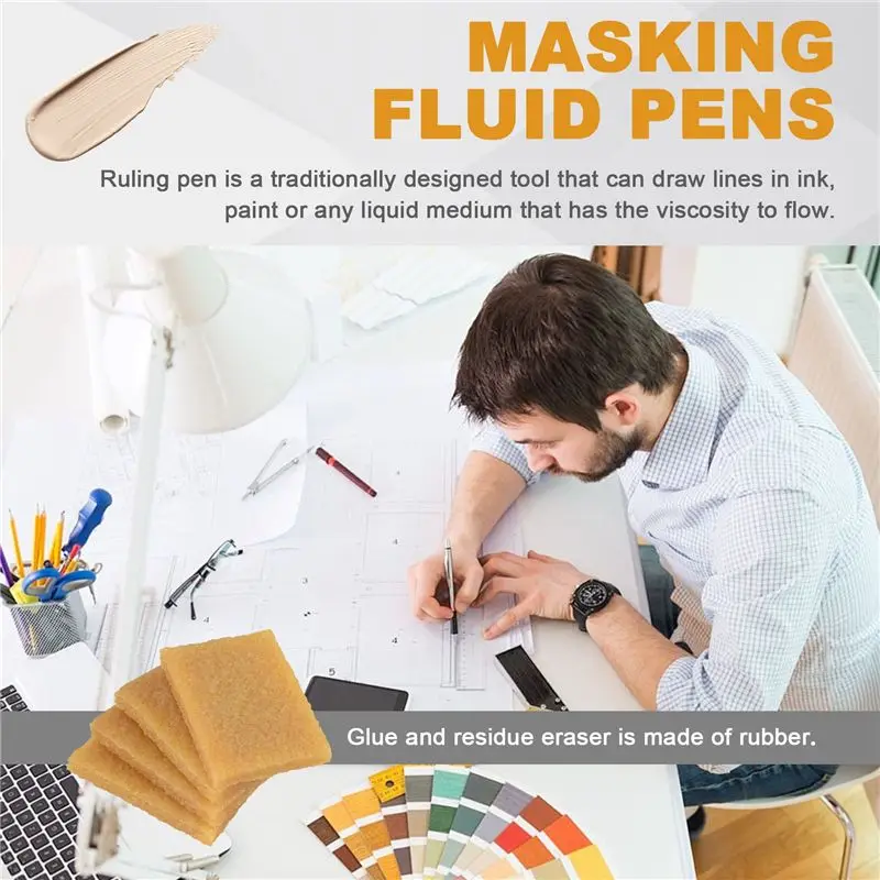 Superior-Art Ruling Pen Set Masking Fluid Pen With Glue Residue Eraser,Ruling Ink Pens Fluid Line Drawing Tool For Mounting Art