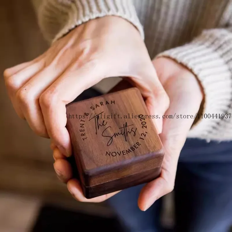 

Engraved Walnut Wood Jewelry Box Custom Ring Earring Gift Case Proposal Keepsake Box with Personalization Luxury Wooden Storage