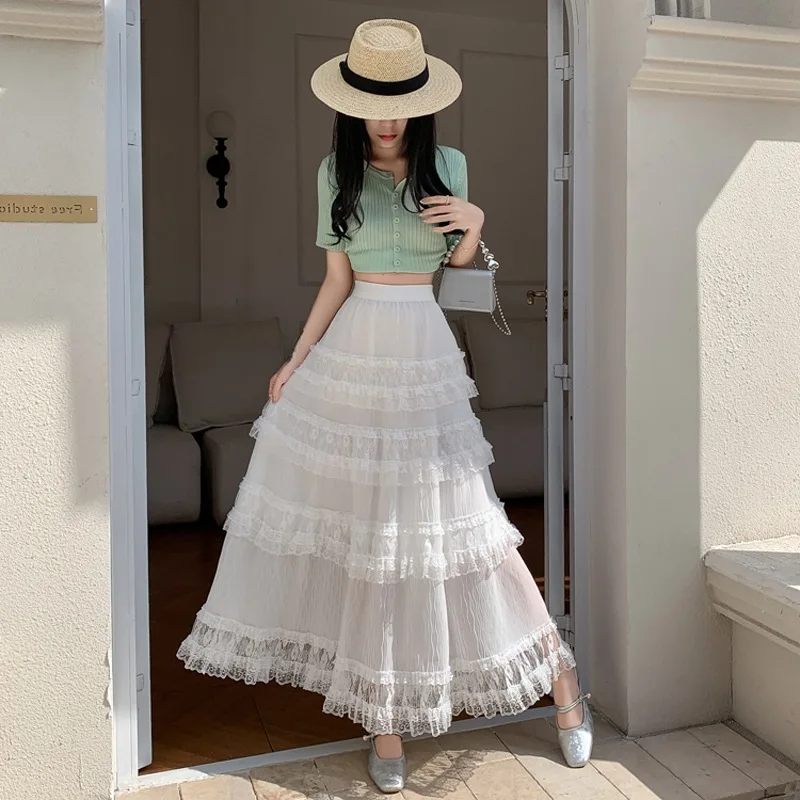 

Sweet Skirt Women 2025 Spring Summer Fairy Lace Splicing Cake Skirt Versatile High Waist Ruffles White Lace Long Skirt